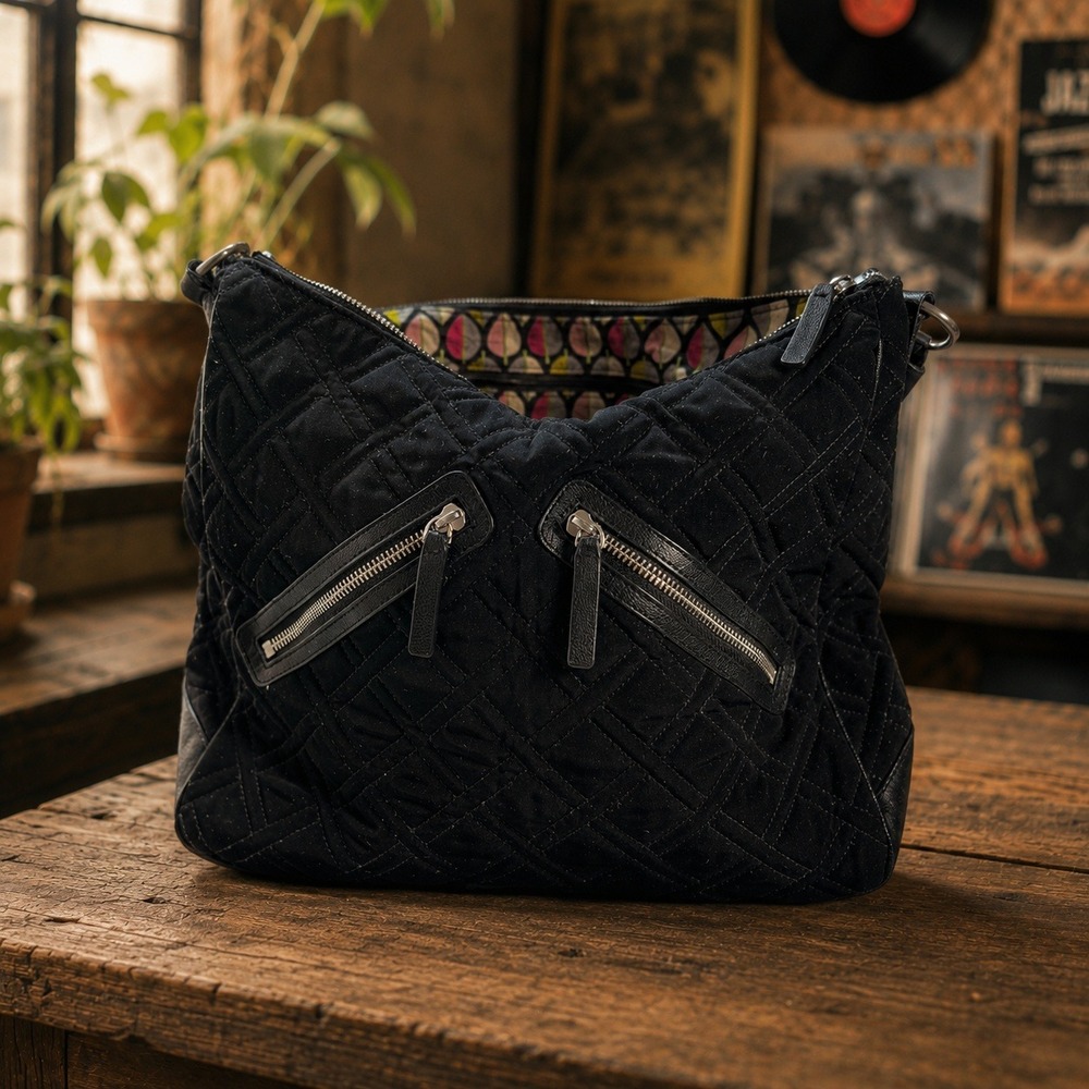 Vera Bradley Black Quilted Microfiber Hobo Shoulder Bag Zipper Detail Large‎